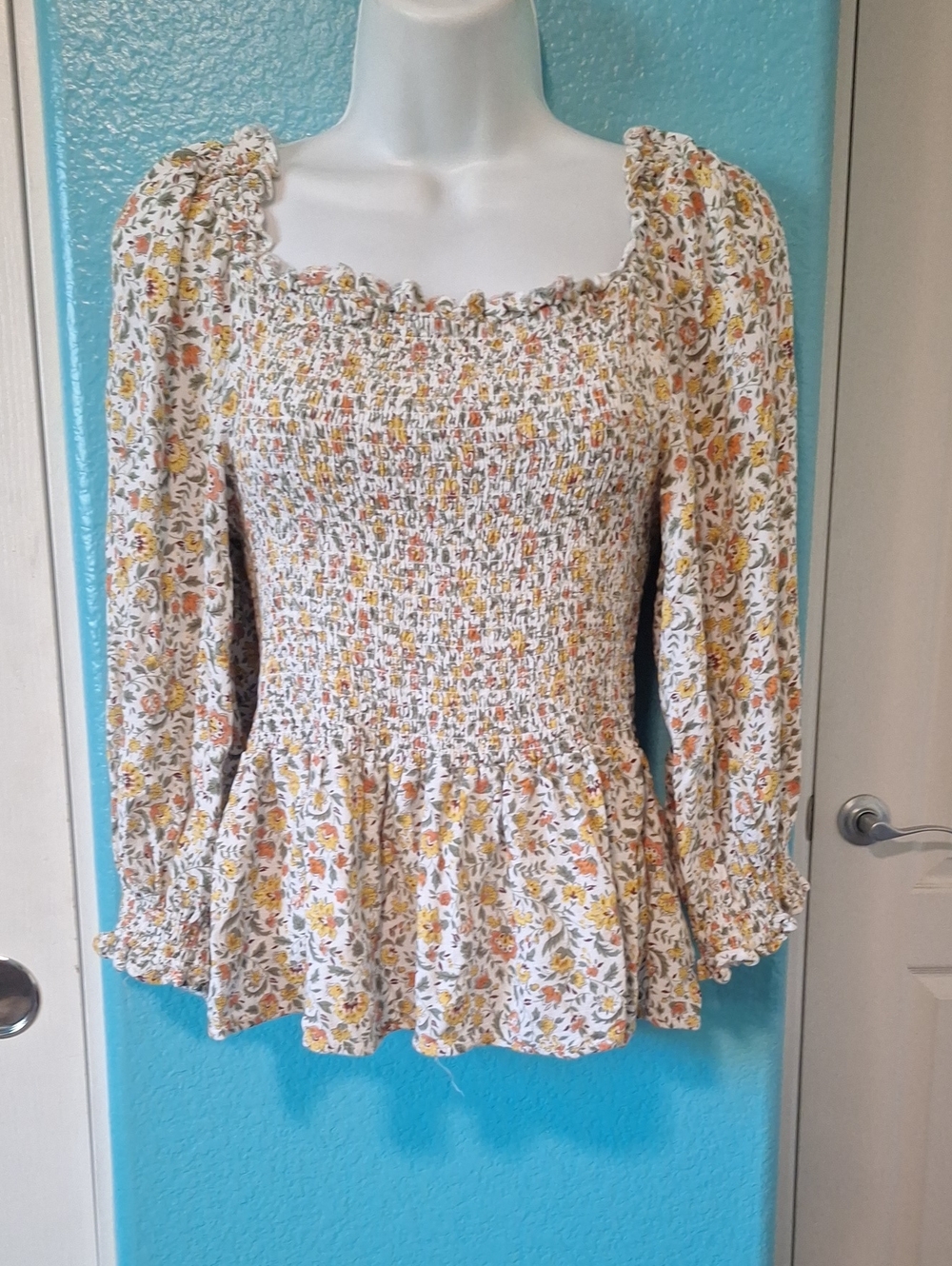 Cynthia Rowley White Smocked Peplum Top with Yellow & Orange Floral Print